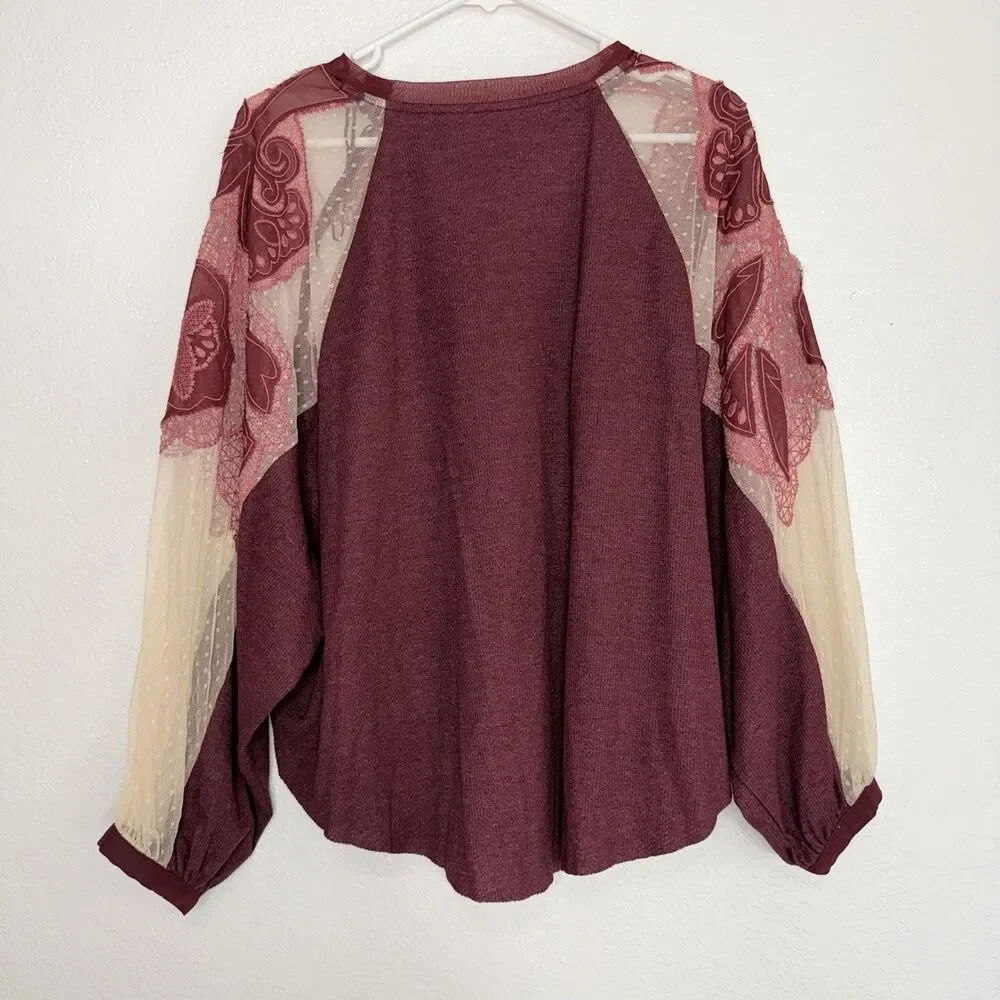 Free People Toni Tunic Top MEDIUM Mulberry Burgundy Embroidered Lace Waffle Boho